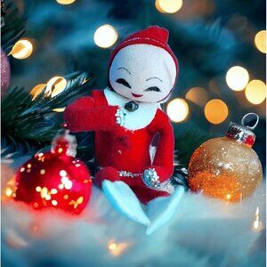 1950s Pixie Knee Hugger Elf Ornament Red White Poseable 5" Sockinette